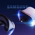 Samsung Galaxy XR headset shown from front and back angles, featuring a sleek, modern design with a dark gradient background.