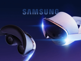 Samsung Galaxy XR headset shown from front and back angles, featuring a sleek, modern design with a dark gradient background.
