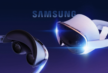 Samsung Galaxy XR headset shown from front and back angles, featuring a sleek, modern design with a dark gradient background.