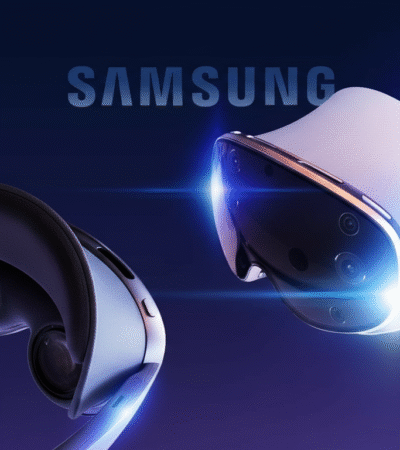 Samsung Galaxy XR headset shown from front and back angles, featuring a sleek, modern design with a dark gradient background.