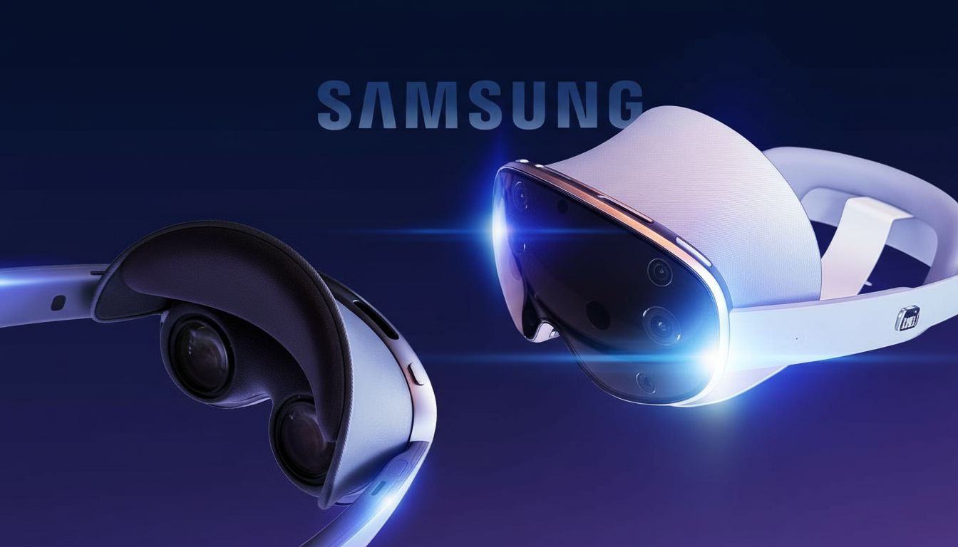 Samsung Galaxy XR headset shown from front and back angles, featuring a sleek, modern design with a dark gradient background.