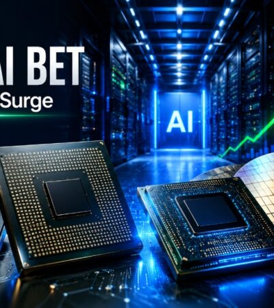 Server room graphic depicting Alphabet AI infrastructure investment driving semiconductor stocks surge
