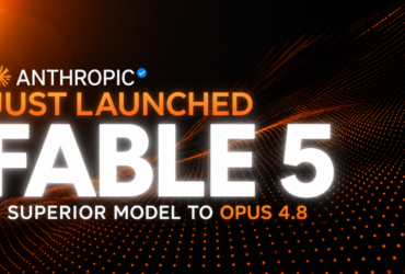 Anthropic Claude Fable 5 launch graphic highlighting its superiority over Opus 4.8 with dark futuristic background