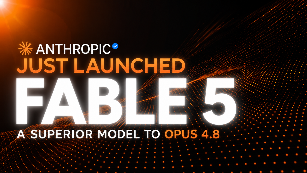 Anthropic Claude Fable 5 launch graphic highlighting its superiority over Opus 4.8 with dark futuristic background