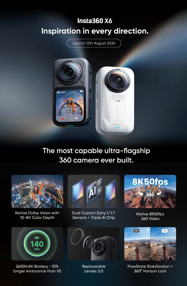 Insta360 X6 Alpha showcase from Grandstores highlighting the wide body